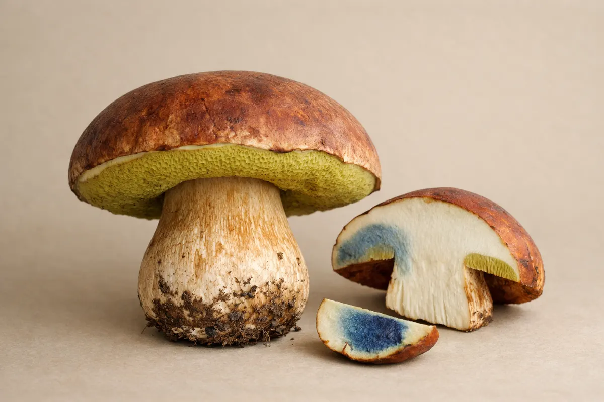 Editorial checklist image for bolete identification showing visible clues and comparison notes.