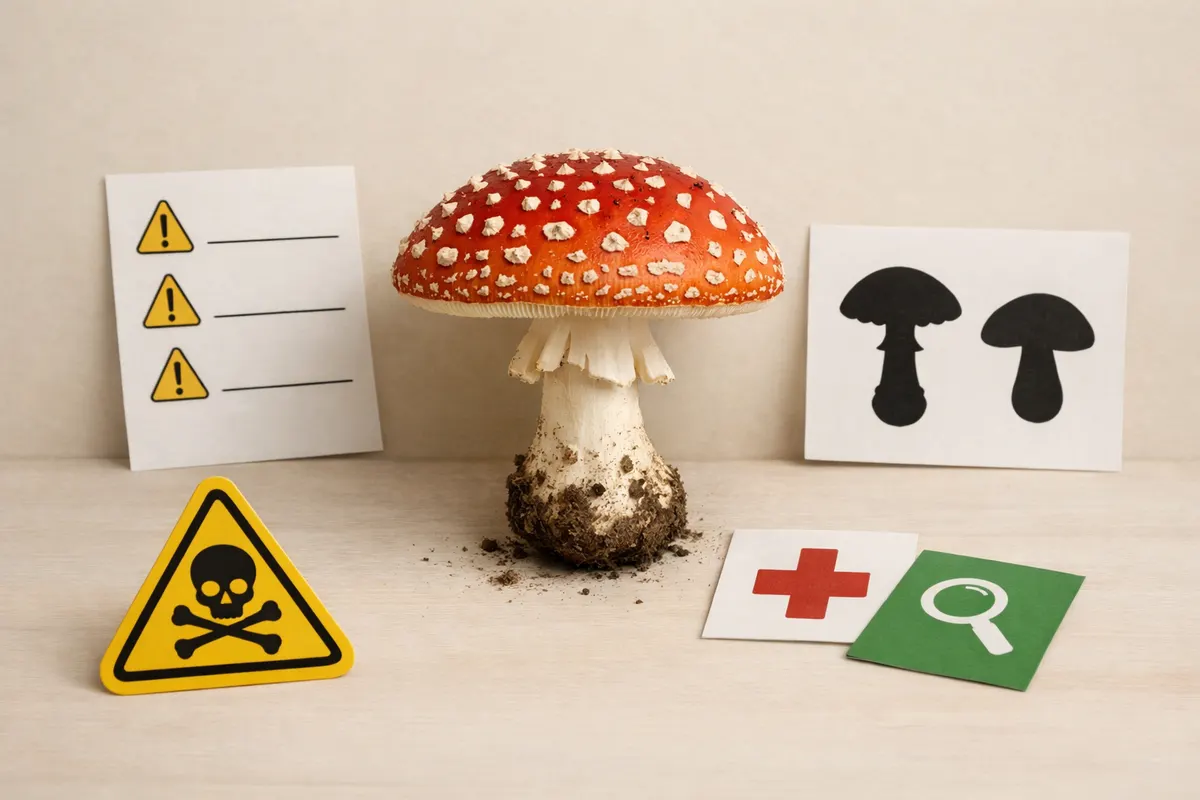 Caution-style checklist with warning sign icons, lookalike silhouettes, and emergency/verification next-step cards