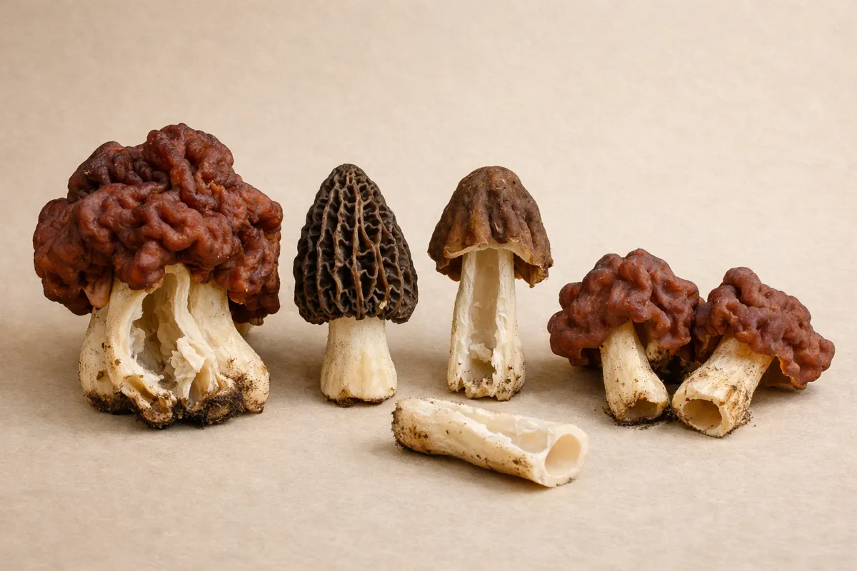 Editorial checklist image for morel lookalikes showing visible clues and comparison notes.