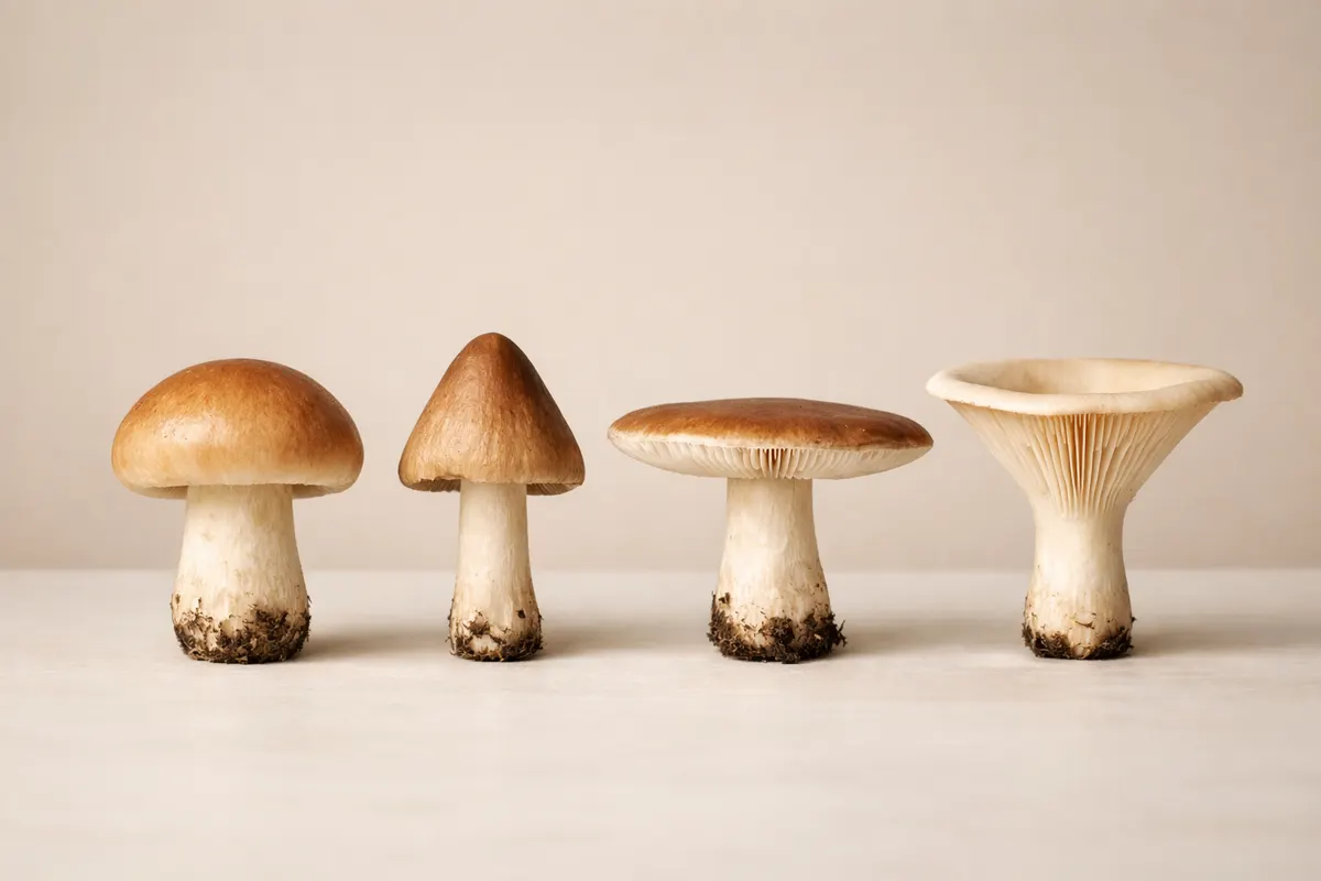 Editorial checklist image for mushroom cap shapes showing visible clues and comparison notes.