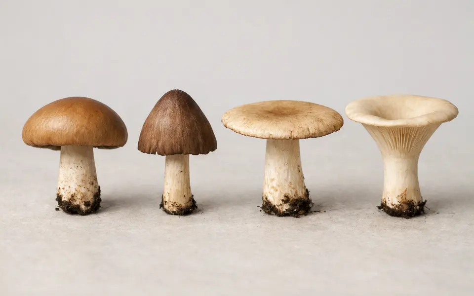 Close-up visual clues that help distinguish mushroom cap shapes