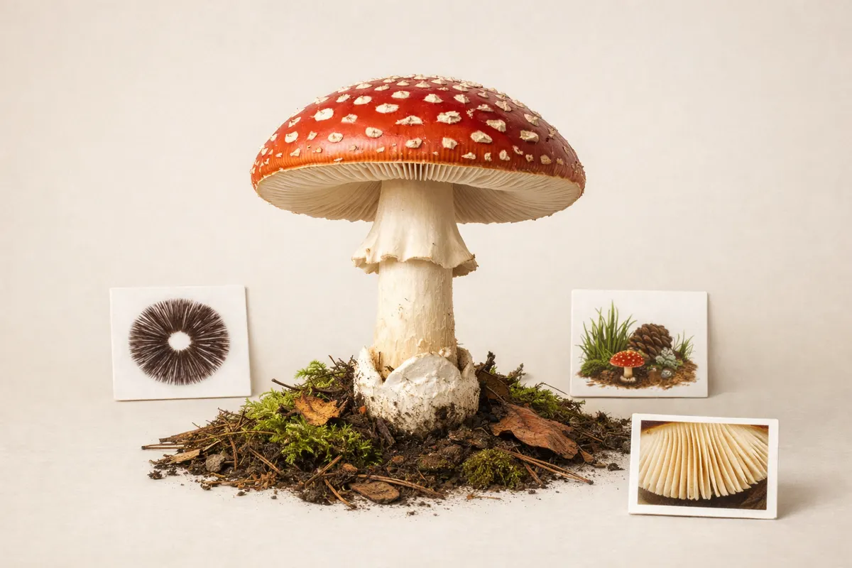 Labeled mushroom diagram showing cap, gills, stem, ring, volva, habitat, and spore print clue cards