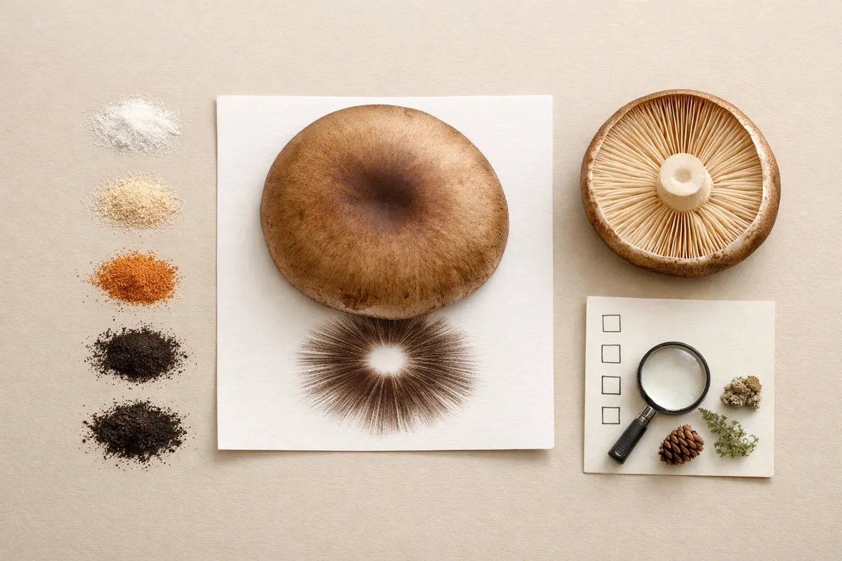 Step-by-step flat lay of mushroom cap on paper, spore colors, gill view, and uncertainty checklist