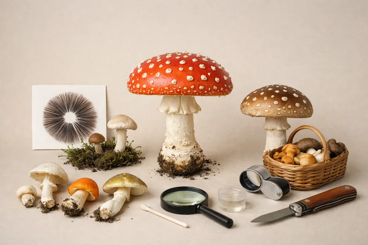 Mushroom Identifier: Fungio educational checklist showing visual mushroom clues, lookalike warning labels, and verification steps