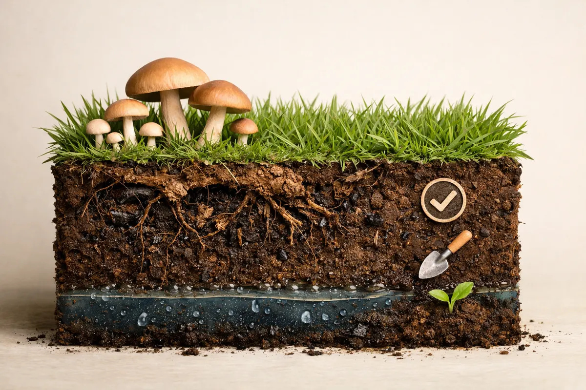 Simple lawn cross-section showing moisture, decaying roots, mushroom caps, and safe next-step checklist markers