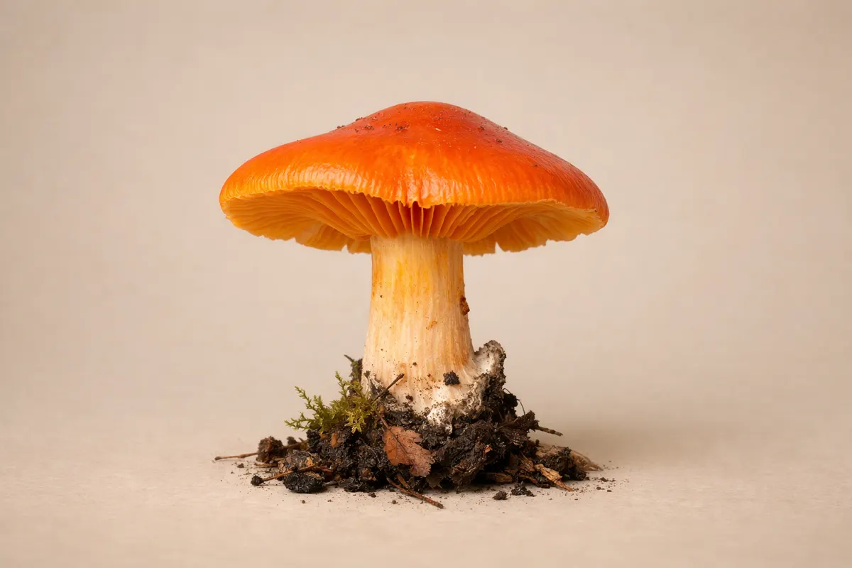 Editorial checklist image for orange mushroom identification showing visible clues and comparison notes.