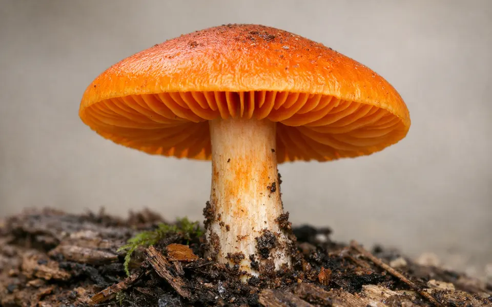 Close-up visual clues that help distinguish orange mushroom identification