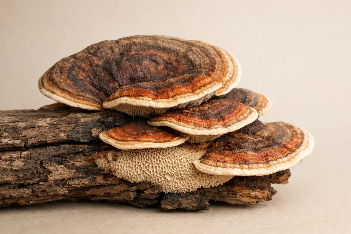 Editorial checklist image for shelf mushrooms showing visible clues and comparison notes.