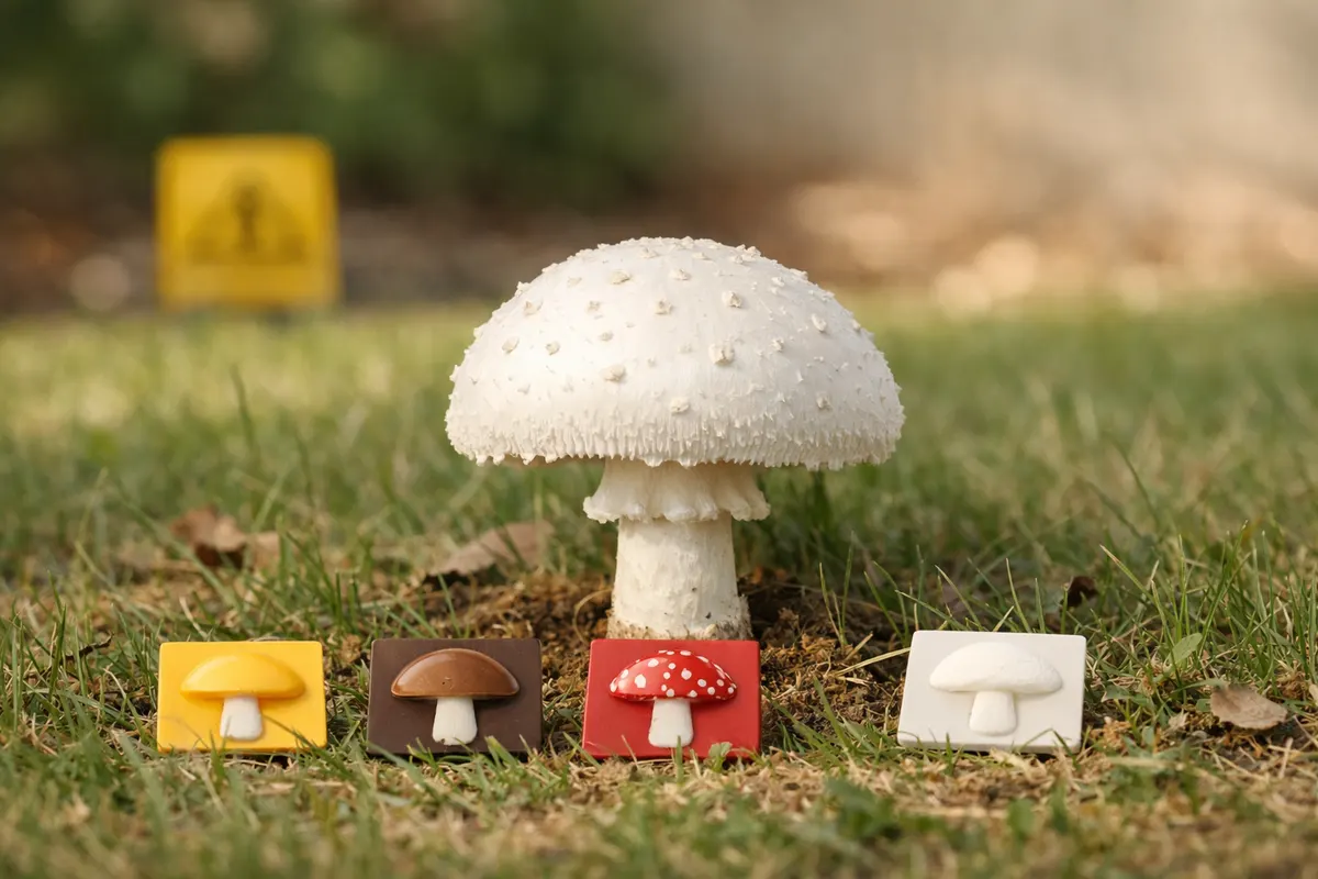 Yard scene with white, yellow, brown, and red mushroom clue tiles plus a caution label that color is not identification