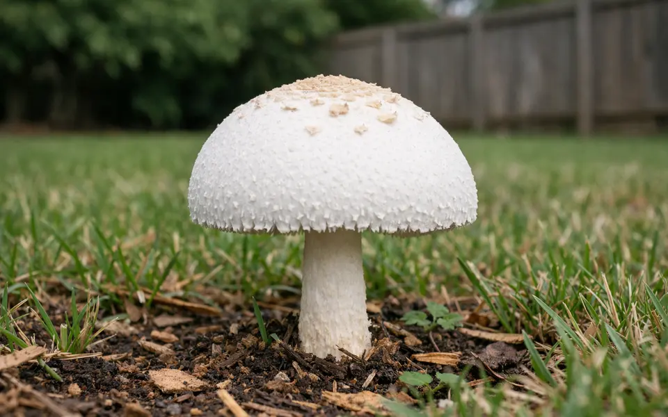 White Mushroom in Yard photo clues for cap, gills, stem base, and habitat
