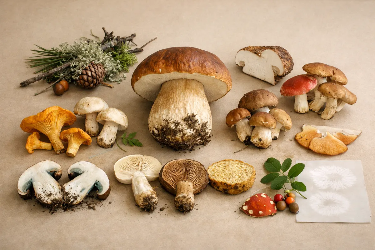 Editorial visual checklist for edible mushroom identification with grouped clues and example details.